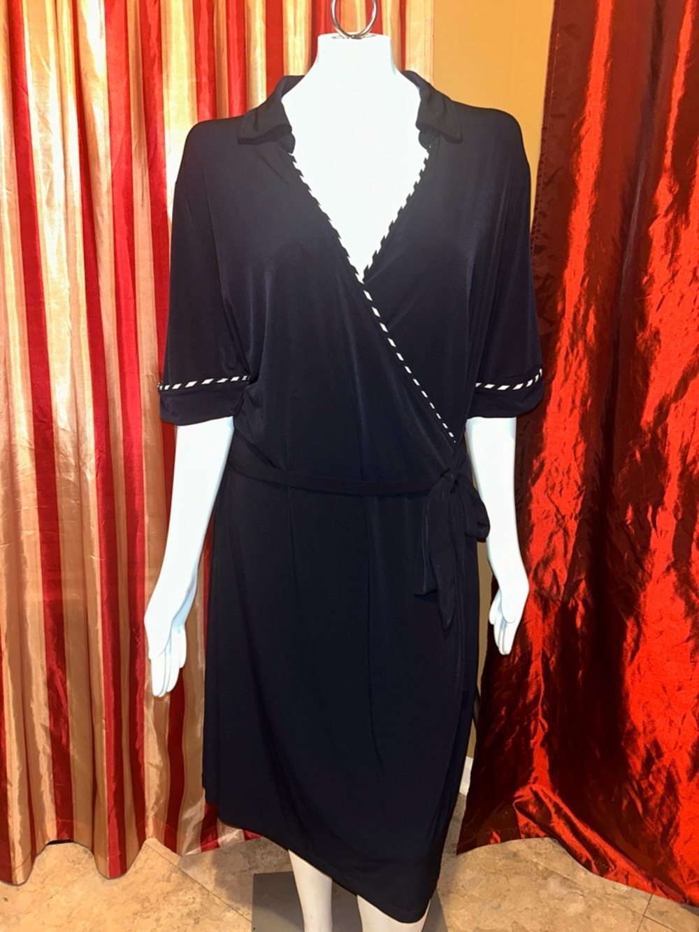 Navy Wrap Dress with White Contrast Piping